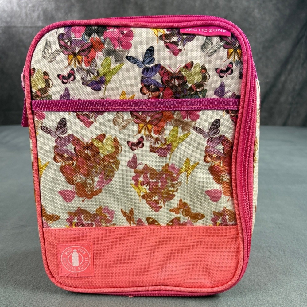 Arctic Zone Butterfly Print Expandable Insulated Lunch Bag Pink Recycled Fabric